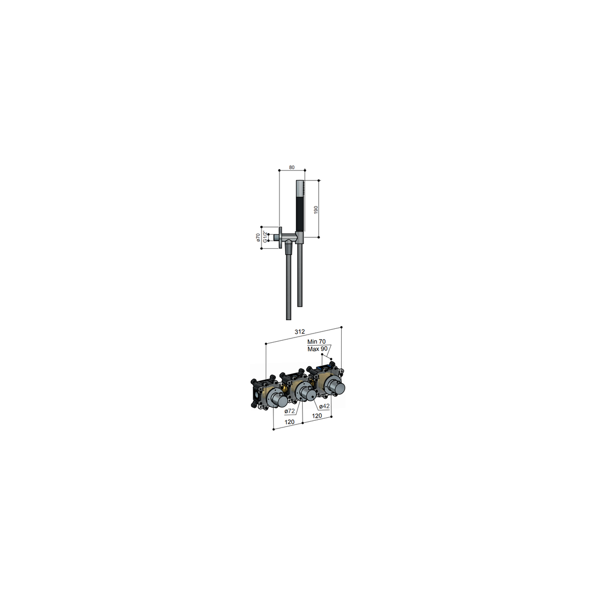 Hotbath Cobber IBS70 inbouw regendoucheset thermostatisch met 2 stopkranen Chroom Staafhanddouche + wandarm + hoofddouche 30 cm productfoto