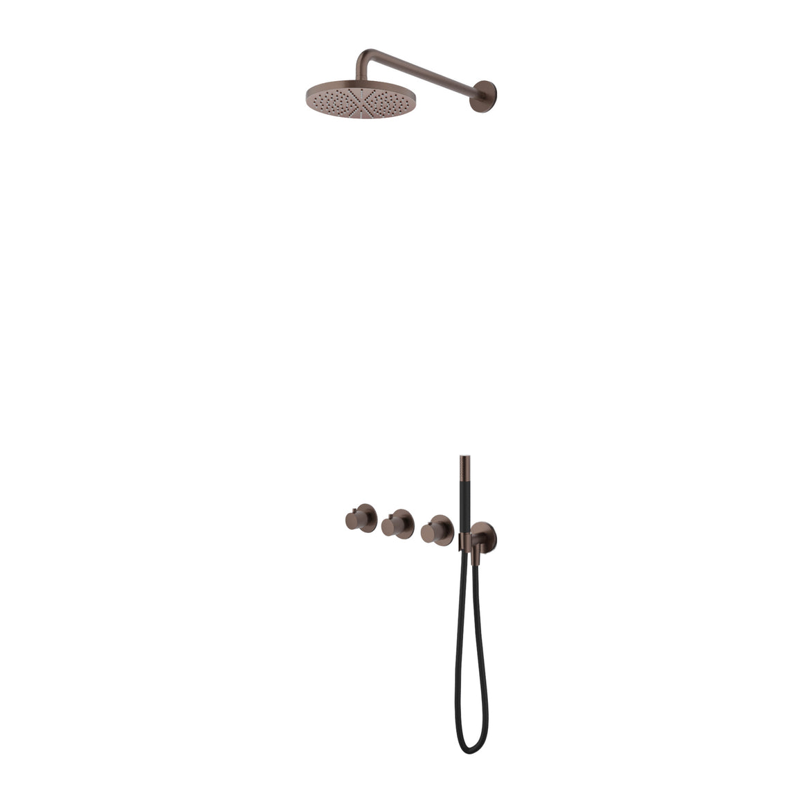 Hotbath Cobber IBS70 inbouw regendoucheset thermostatisch met 2 stopkranen Geborsteld koper PVD Staafhanddouche + wandarm + hoofddouche 20 cm productfoto
