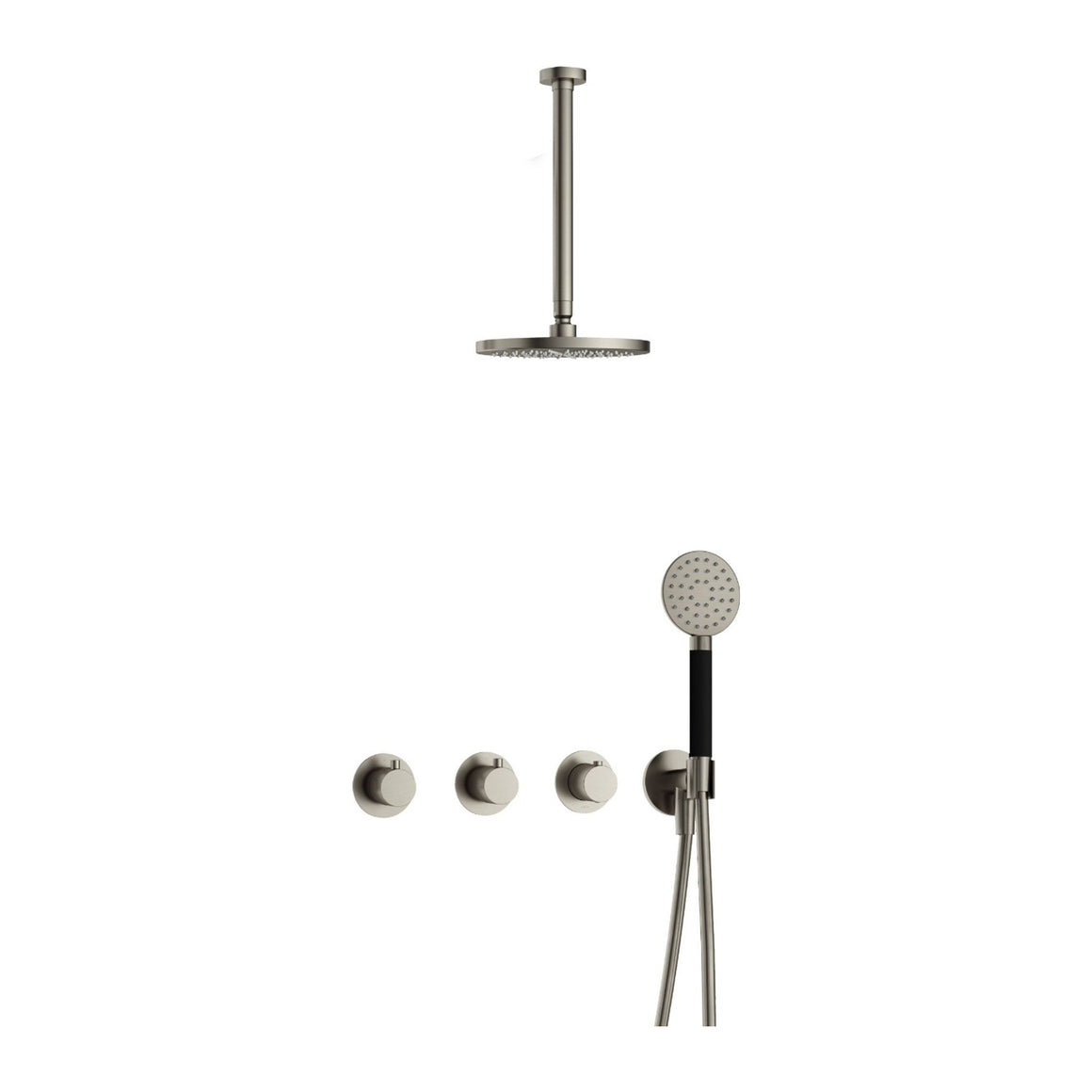 Hotbath Cobber IBS70 inbouw regendoucheset thermostatisch met 2 stopkranen Geborsteld nikkel Ronde handdouche + plafondbuis 30 cm + hoofddouche 20 cm productfoto