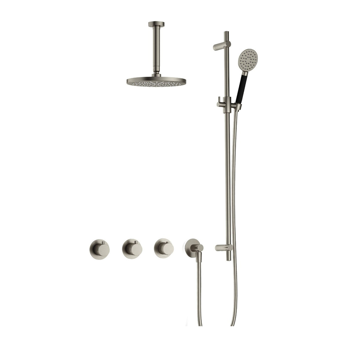 Hotbath Cobber IBS70 inbouw regendoucheset thermostatisch met 2 stopkranen Geborsteld nikkel Ronde handdouche + plafondbuis 15 cm + hoofddouche 20 cm + glijstang productfoto