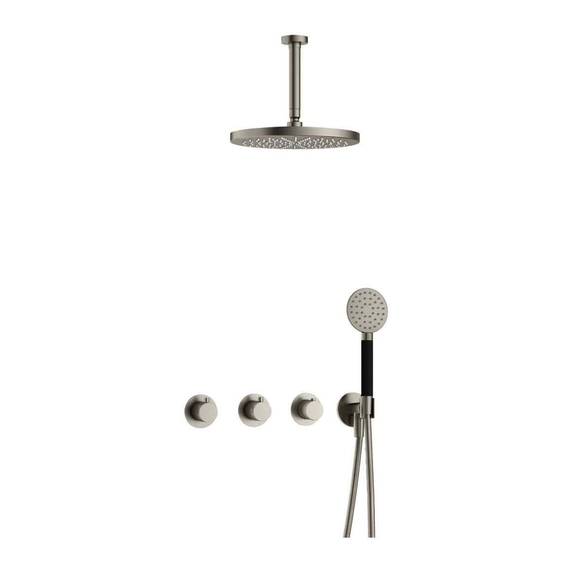 Hotbath Cobber IBS70 inbouw regendoucheset thermostatisch met 2 stopkranen Geborsteld nikkel Ronde handdouche + plafondbuis 15 cm + hoofddouche 30 cm productfoto