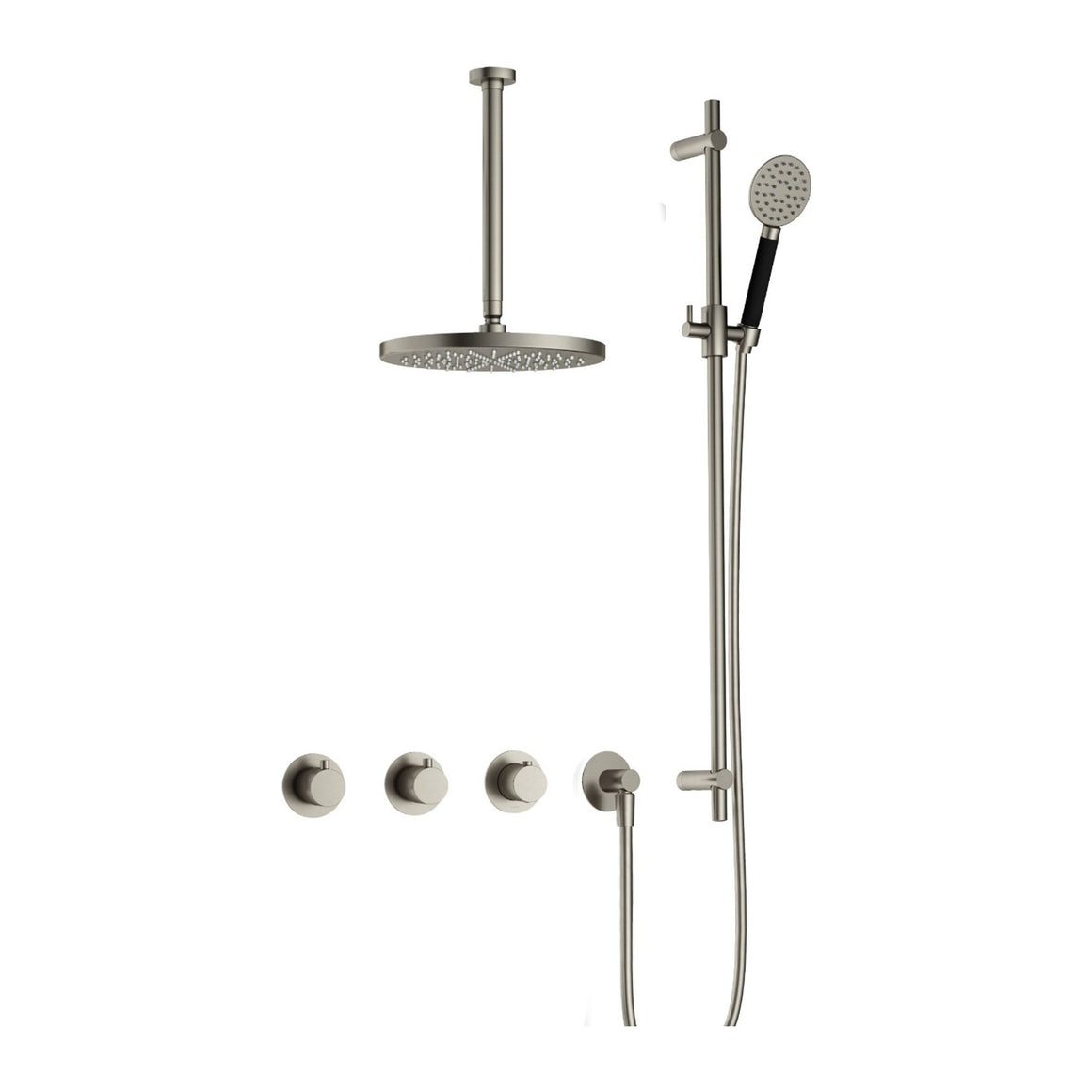 Hotbath Cobber IBS70 inbouw regendoucheset thermostatisch met 2 stopkranen Geborsteld nikkel Ronde handdouche + plafondbuis 30 cm + hoofddouche 20 cm + glijstang productfoto