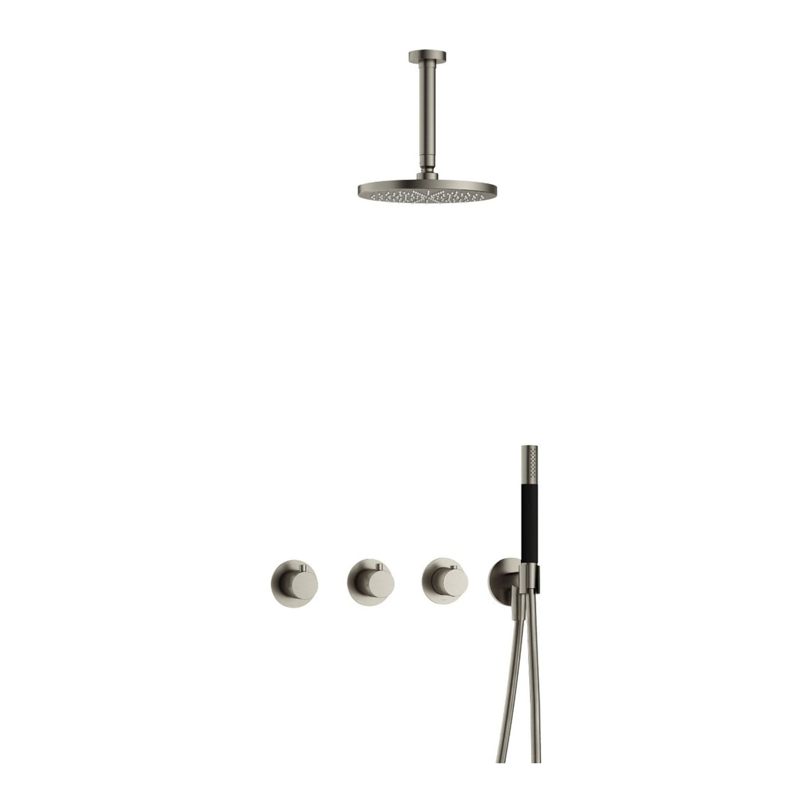 Hotbath Cobber IBS70 inbouw regendoucheset thermostatisch met 2 stopkranen Geborsteld nikkel Staafhanddouche + plafondbuis 15 cm + hoofddouche 20 cm productfoto