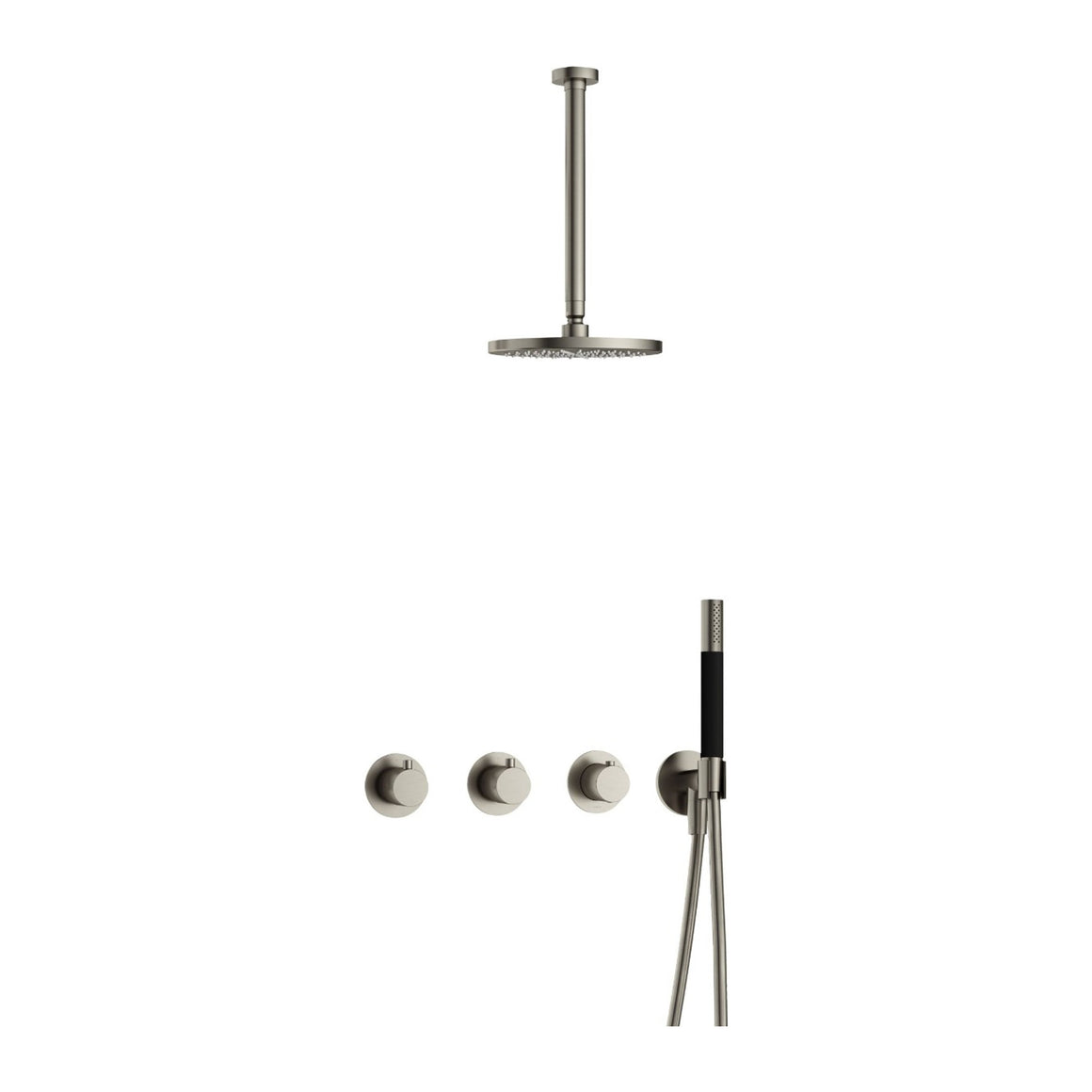 Hotbath Cobber IBS70 inbouw regendoucheset thermostatisch met 2 stopkranen Geborsteld nikkel Staafhanddouche + plafondbuis 30 cm + hoofddouche 20 cm productfoto