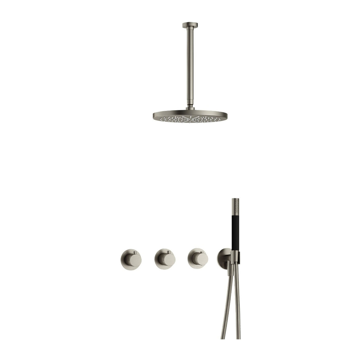 Hotbath Cobber IBS70 inbouw regendoucheset thermostatisch met 2 stopkranen Geborsteld nikkel Staafhanddouche + plafondbuis 30 cm + hoofddouche 30 cm productfoto