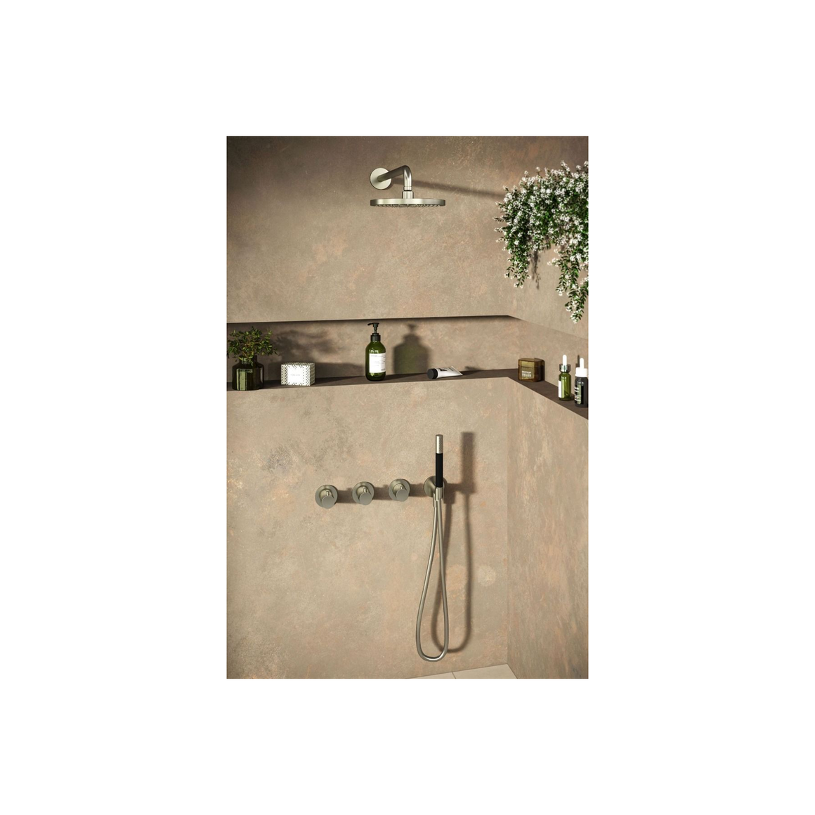 Hotbath Cobber IBS70 inbouw regendoucheset thermostatisch met 2 stopkranen Geborsteld nikkel Staafhanddouche + wandarm + hoofddouche 20 cm productfoto