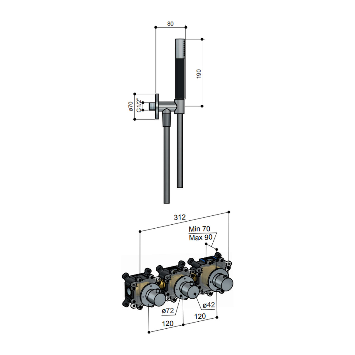 Hotbath Cobber IBS70 inbouw regendoucheset thermostatisch met 2 stopkranen Mat wit Staafhanddouche + plafondbuis 30 cm + hoofddouche 20 cm productfoto
