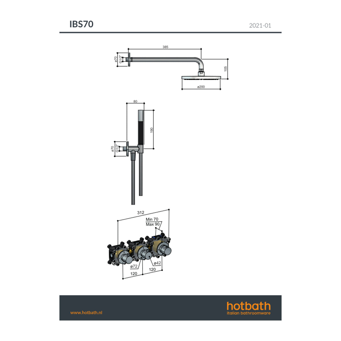 Hotbath Cobber IBS70 inbouw regendoucheset thermostatisch met 2 stopkranen technische tekening