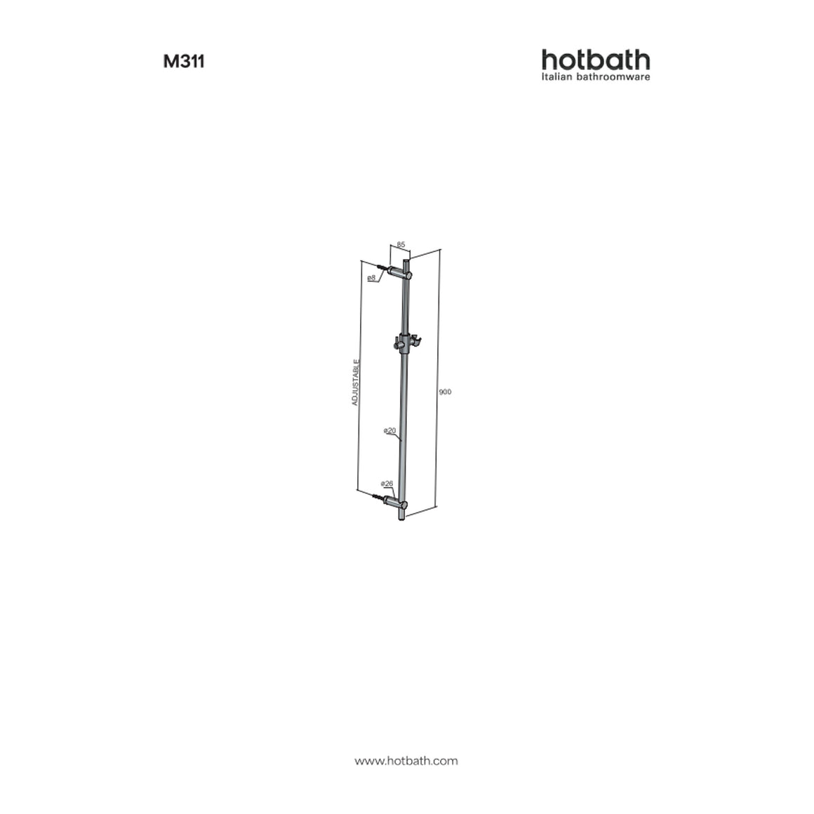 Hotbath Cobber M311 glijstang 90 cm technische tekening