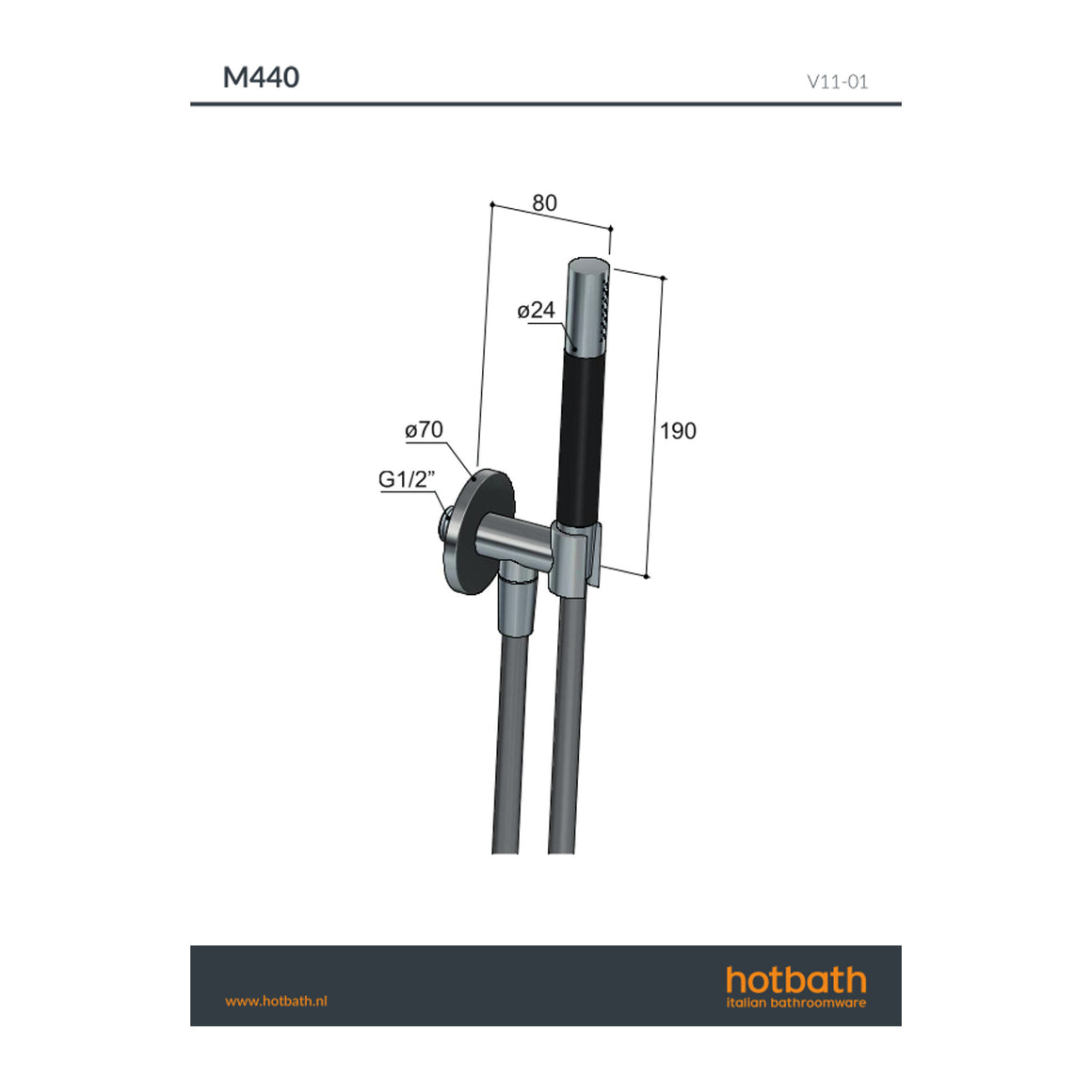 Hotbath Cobber M440 handdoucheset met wandhouder, wanduitlaat en doucheslang (staafhanddouche) technische tekening