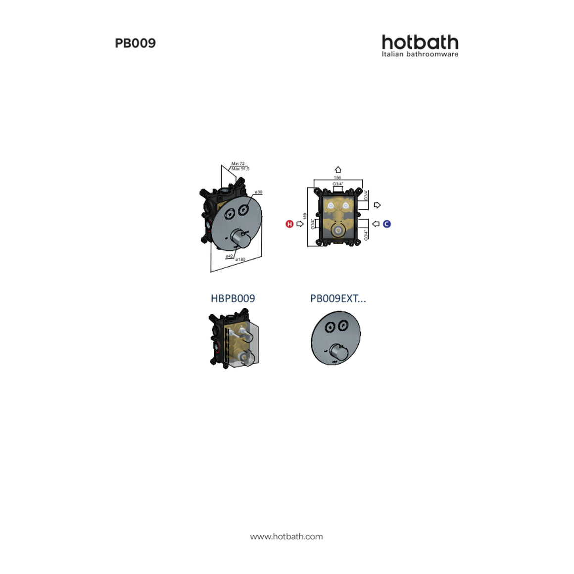 Hotbath Cobber PB009 inbouw thermostaat rond met 2 pushbuttons technische tekening