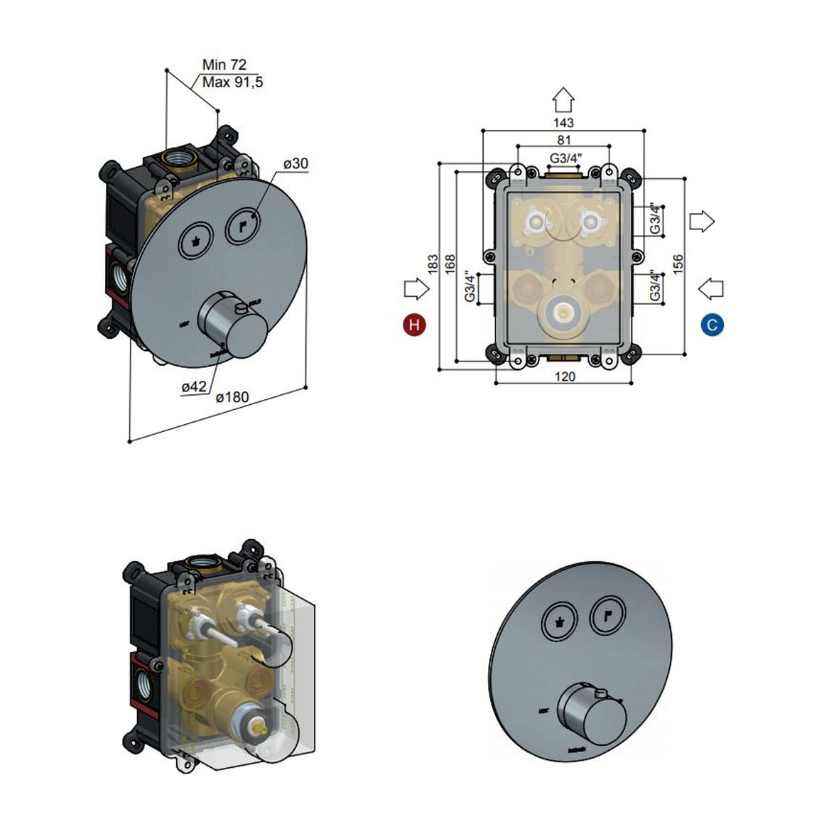 Hotbath Cobber PB009 inbouw thermostaat rond met 2 pushbuttons Verouderd ijzer productfoto