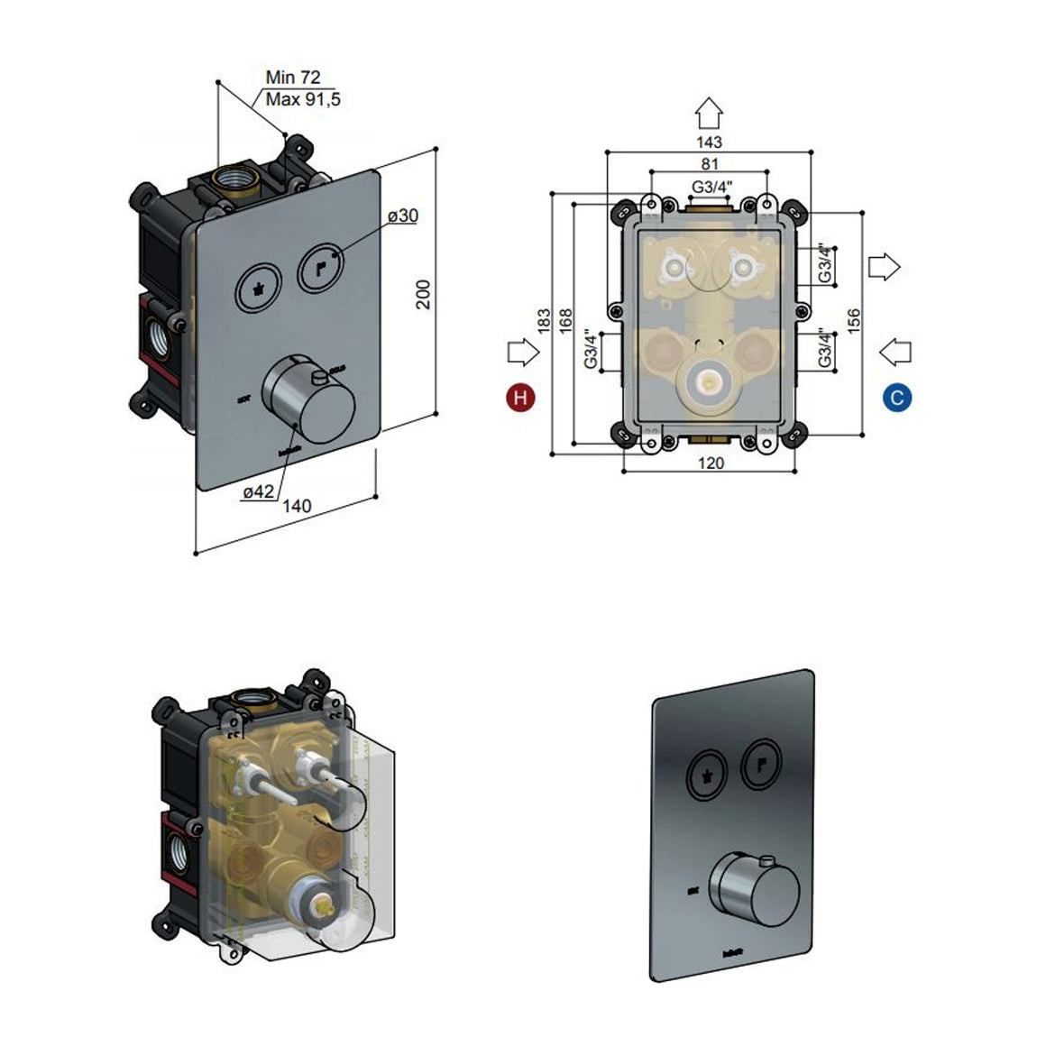 Hotbath Cobber PB009Q inbouw thermostaat rechthoekig met 2 pushbuttons Verouderd ijzer productfoto