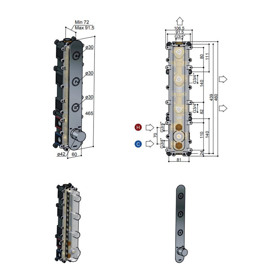 Hotbath Cobber PB050 inbouw thermostaat verticaal met 3 pushbuttons Geborsteld nikkel productfoto