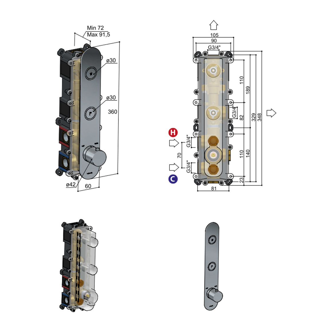Hotbath Cobber PB066 inbouw thermostaat verticaal met 2 pushbuttons technische tekening