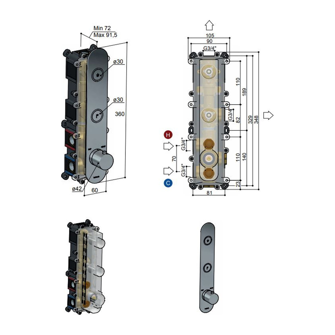 Hotbath Cobber PB066 inbouw thermostaat verticaal met 2 pushbuttons Verouderd ijzer productfoto