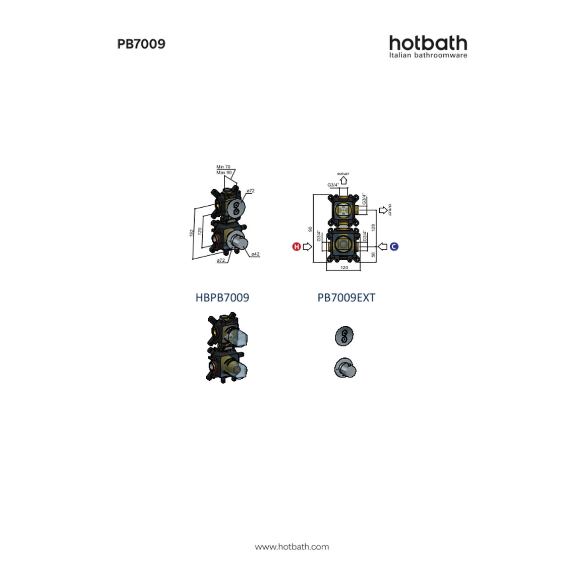 Hotbath Cobber PB7009 inbouw thermostaat met 2 pushbuttons technische tekening