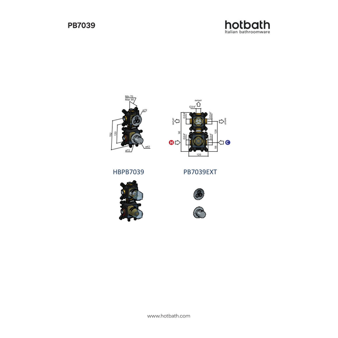 Hotbath Cobber PB7039 inbouw thermostaat met 3 pushbuttons technische tekening