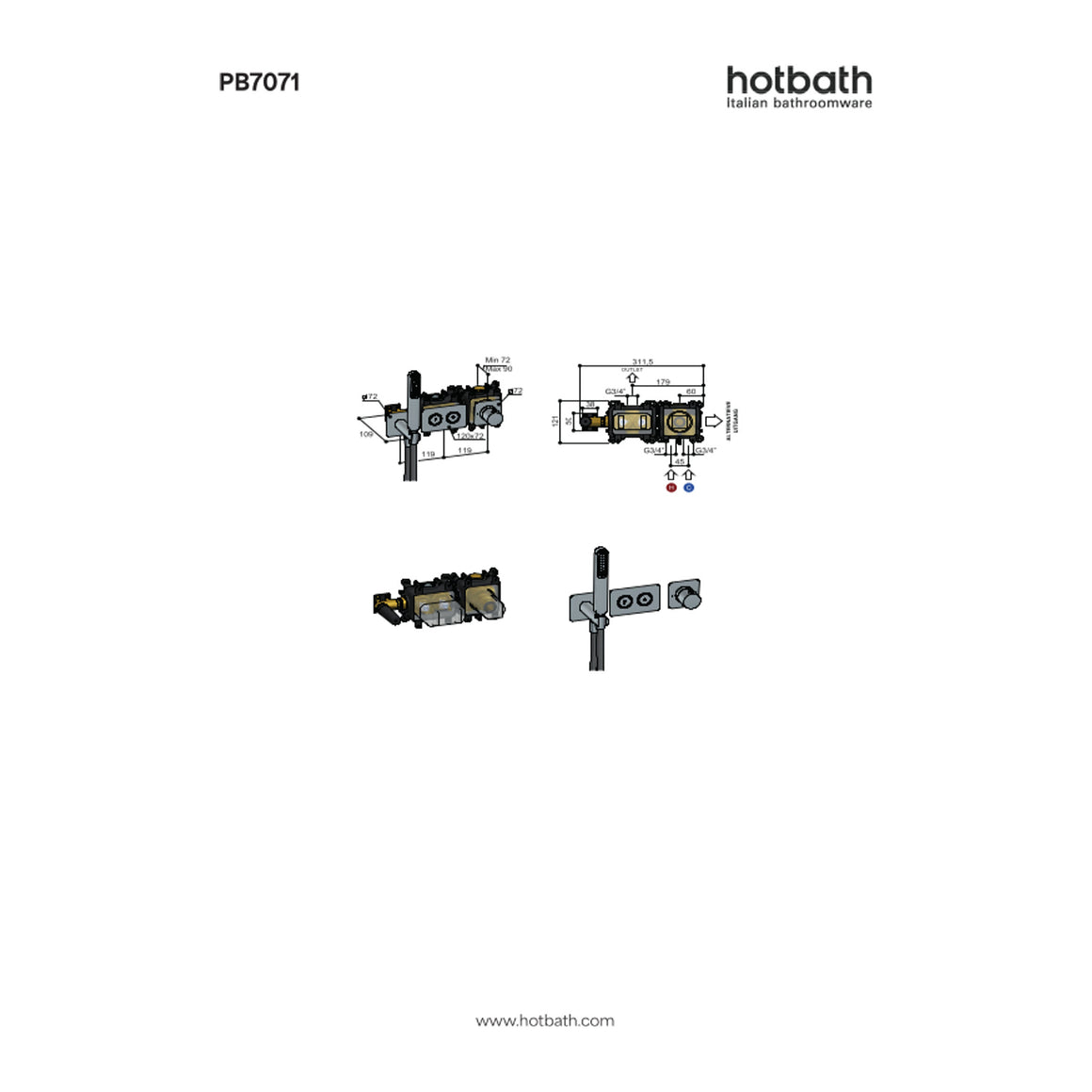 Hotbath Cobber PB7071 inbouw badthermostaat met 2 pushbuttons technische tekening