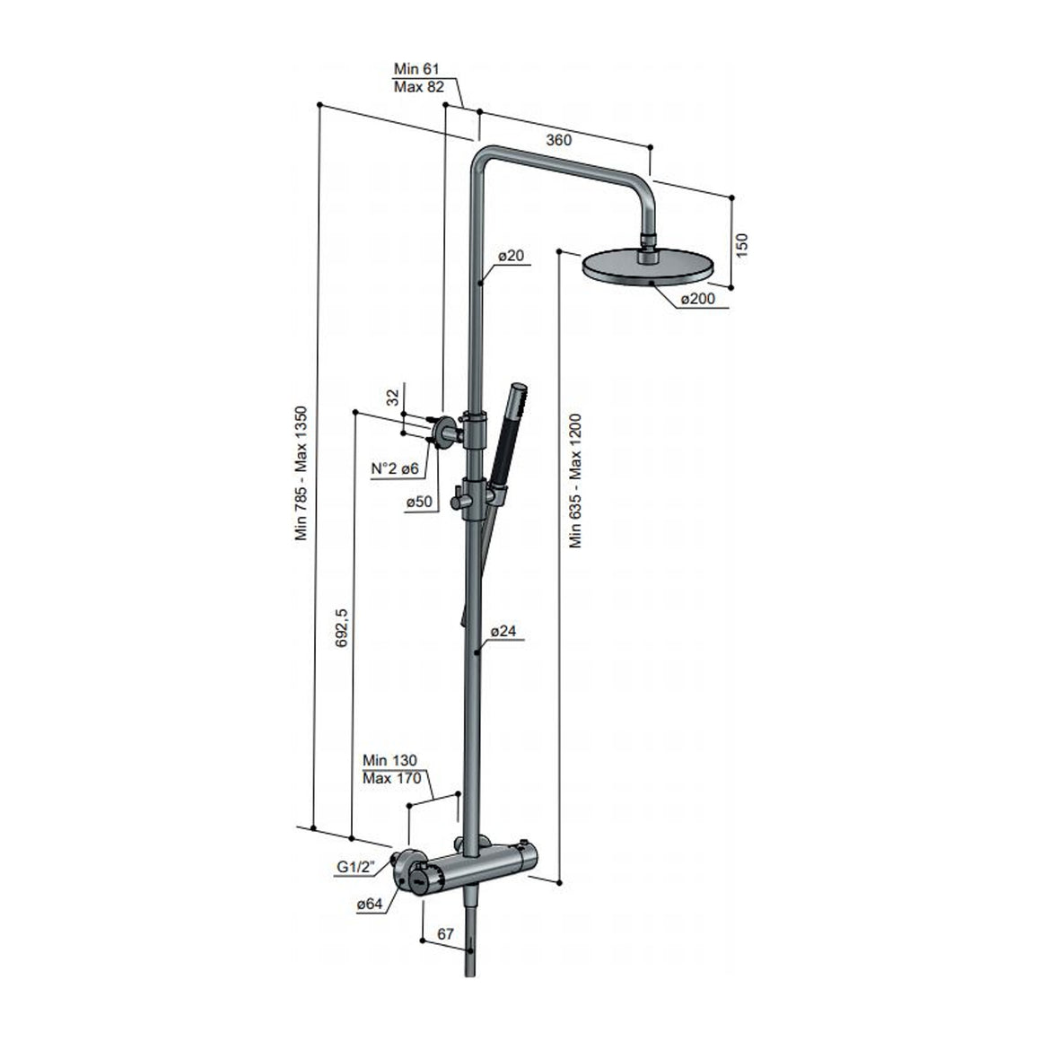 Hotbath Cobber SDS9 thermostatische regendoucheset opbouw Mat wit Staafhanddouche + hoofddouche 20 cm productfoto