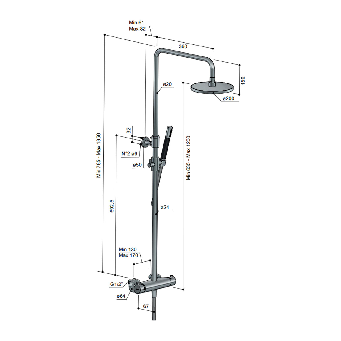 Hotbath Cobber SDS9 thermostatische regendoucheset opbouw Mat wit Staafhanddouche + hoofddouche 30 cm productfoto
