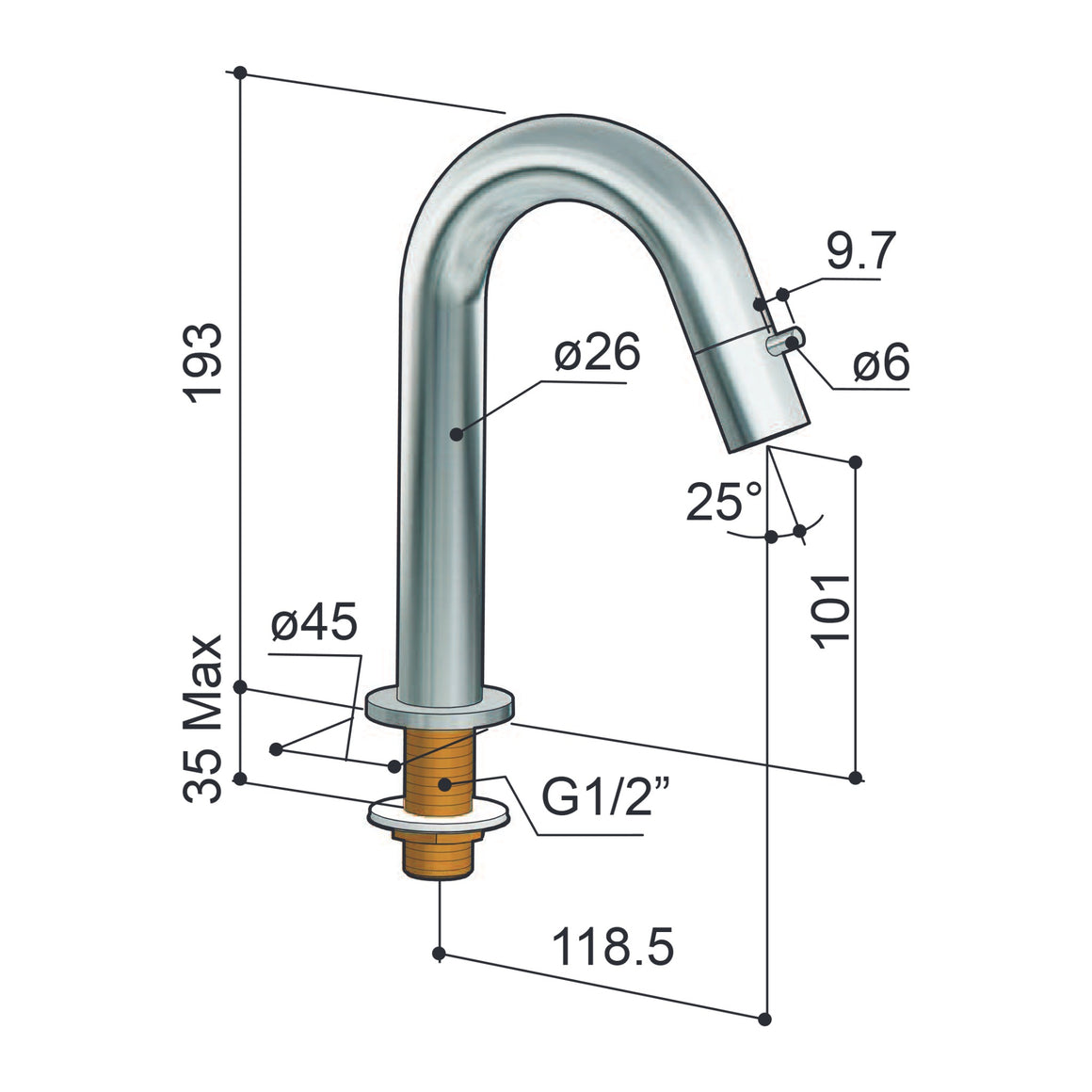 Hotbath Cobber U001 fonteinkraan technische tekening
