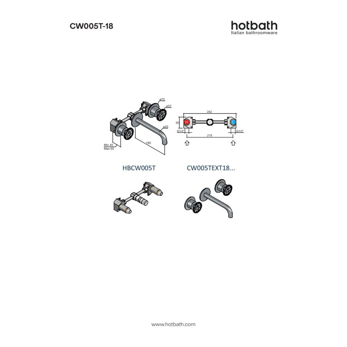 Hotbath Cobber @Work CW005T inbouw wastafelmengkraan 3-gats 18 cm technische tekening
