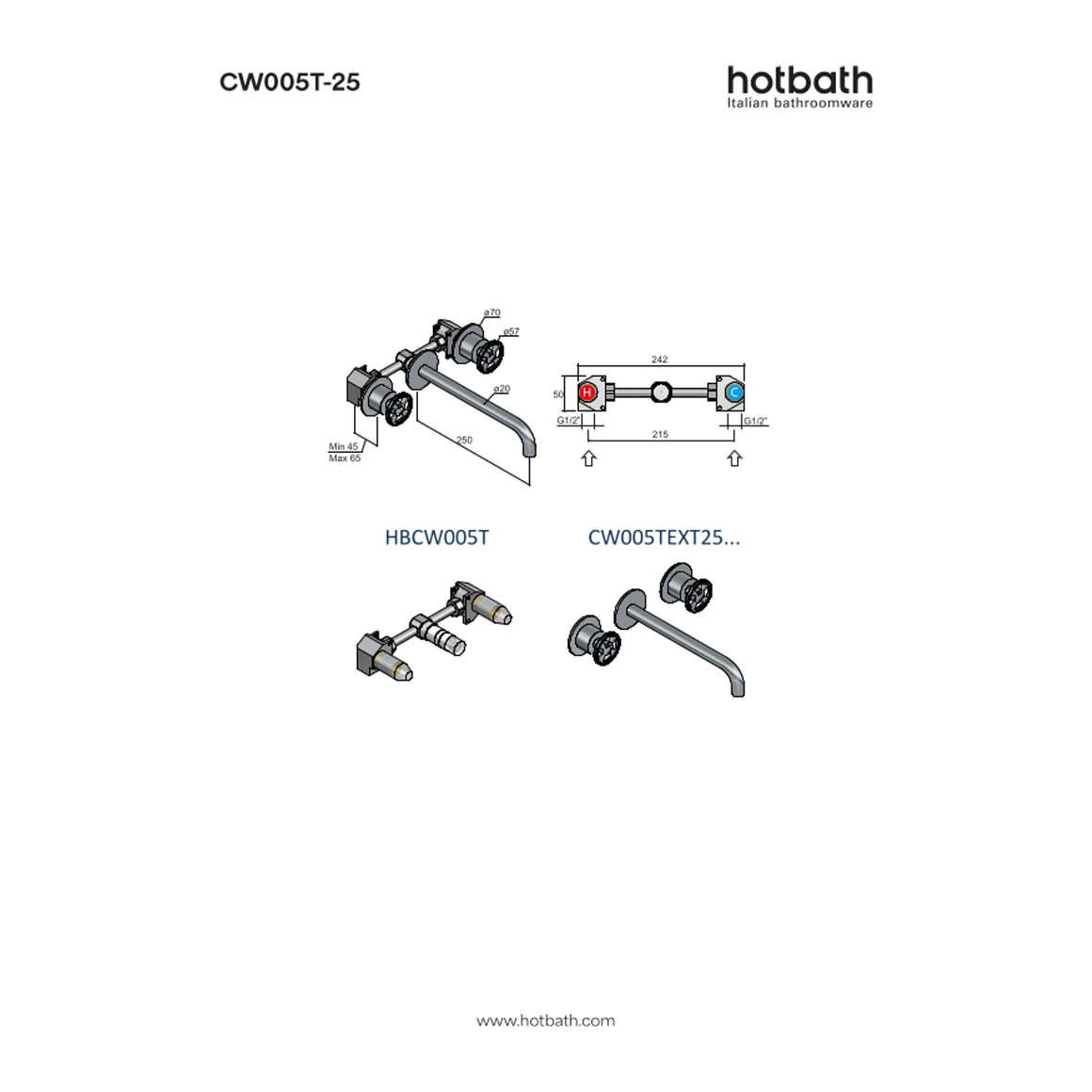 Hotbath Cobber @Work CW005T inbouw wastafelmengkraan 3-gats 25 cm technische tekening