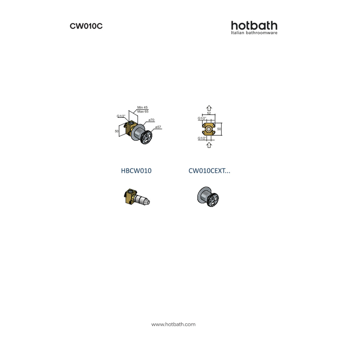 Hotbath Cobber @Work CW010C inbouw stopkraan koud water technische tekening