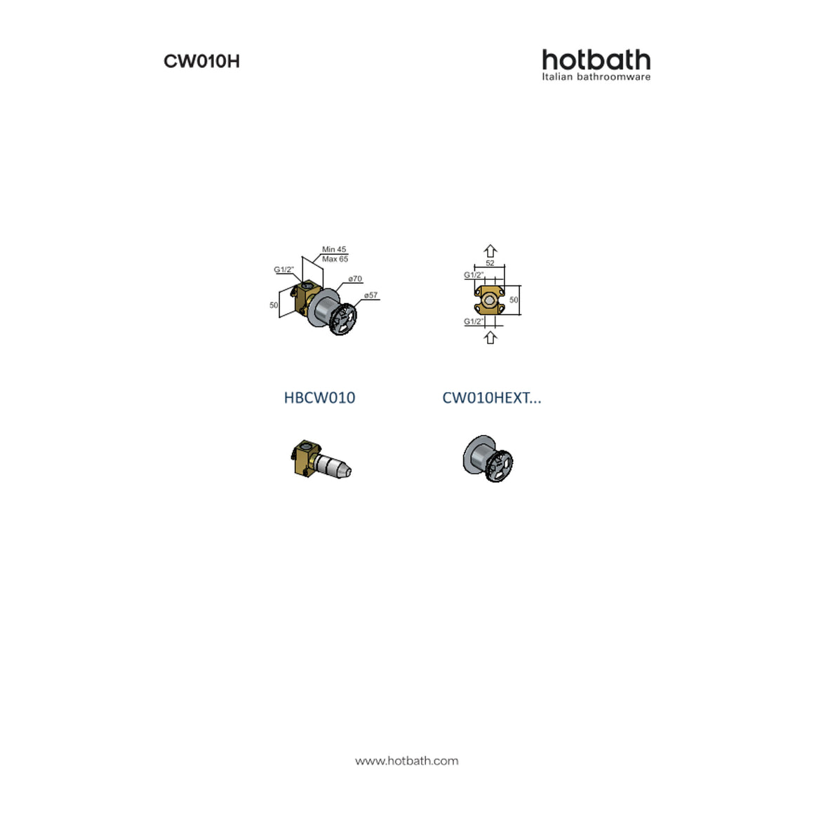 Hotbath Cobber @Work CW010H inbouw stopkraan warm water technische tekening