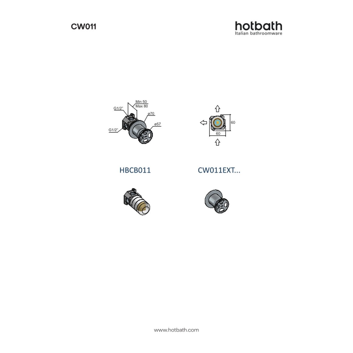 Hotbath Cobber @Work CW011 inbouw 2-weg omstel technische tekening