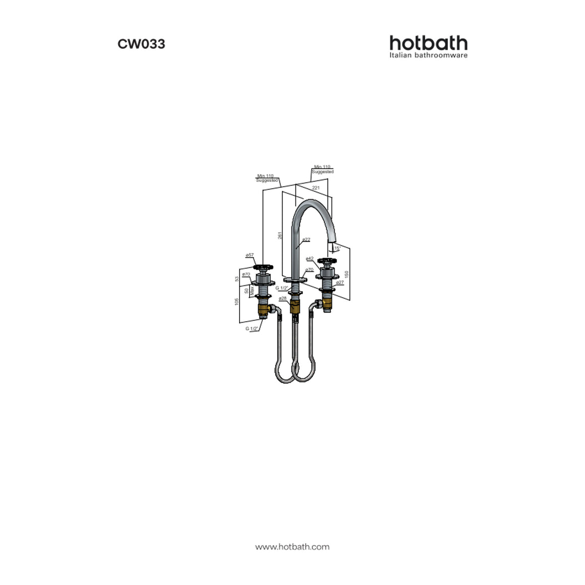 Hotbath Cobber @Work CW033 3-gats wastafelmengkraan technische tekening