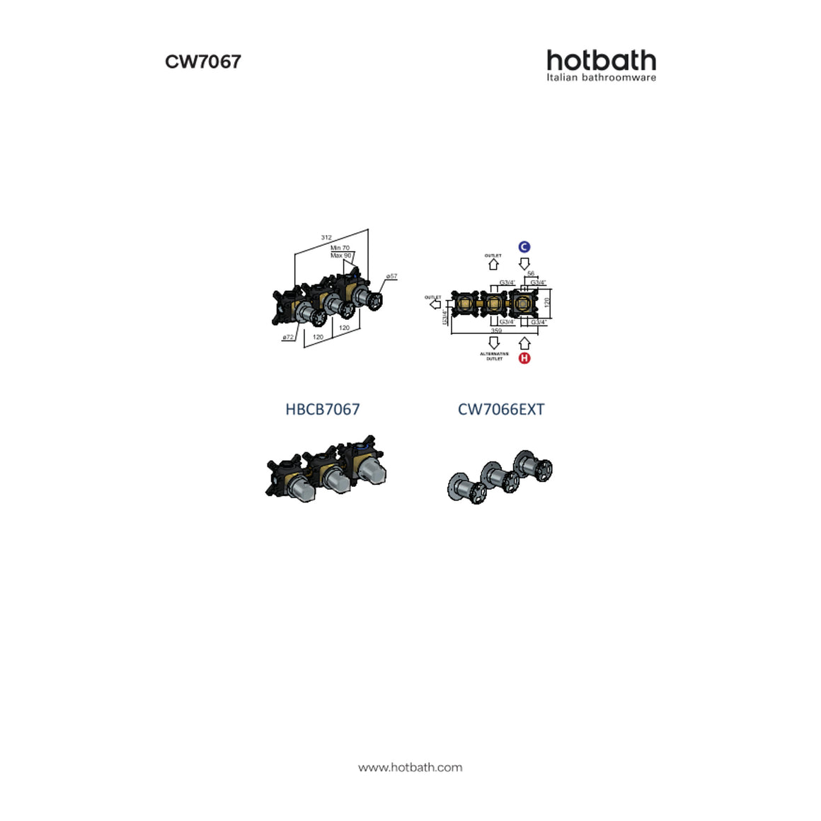 Hotbath Cobber @Work CW7067 inbouw douchethermostaat met 2 stopkranen technische tekening