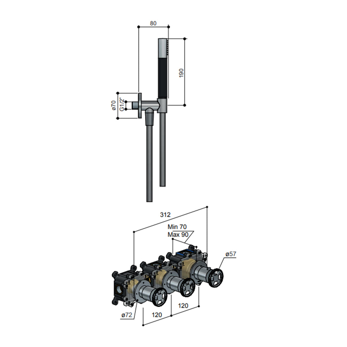 Hotbath Cobber @Work IBSW70 inbouw regendoucheset thermostatisch met 2 stopkranen Chroom Staafhanddouche + plafondbuis 30 cm + hoofddouche 20 cm productfoto