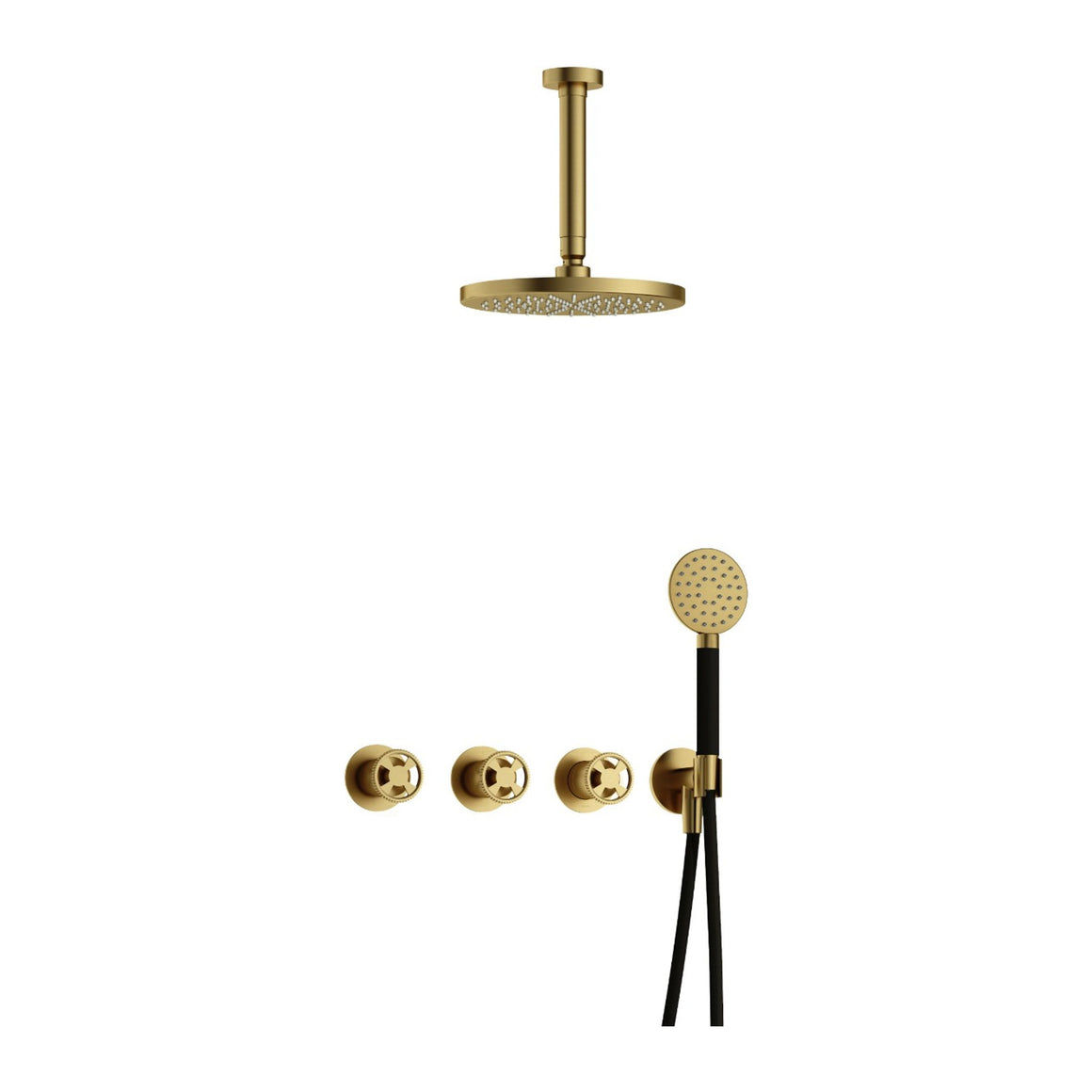 Hotbath Cobber @Work IBSW70 inbouw regendoucheset thermostatisch met 2 stopkranen Geborsteld messing PVD Ronde handdouche + plafondbuis 15 cm + hoofddouche 20 cm productfoto