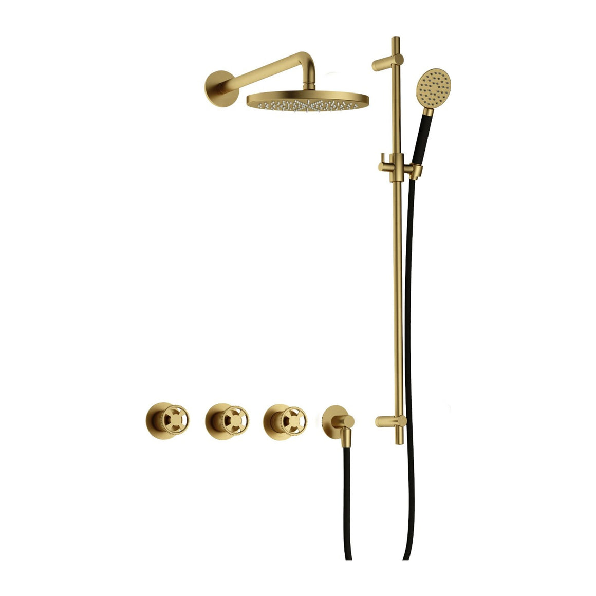 Hotbath Cobber @Work IBSW70 inbouw regendoucheset thermostatisch met 2 stopkranen Geborsteld messing PVD Ronde handdouche + wandarm + hoofddouche 20 cm + glijstang productfoto