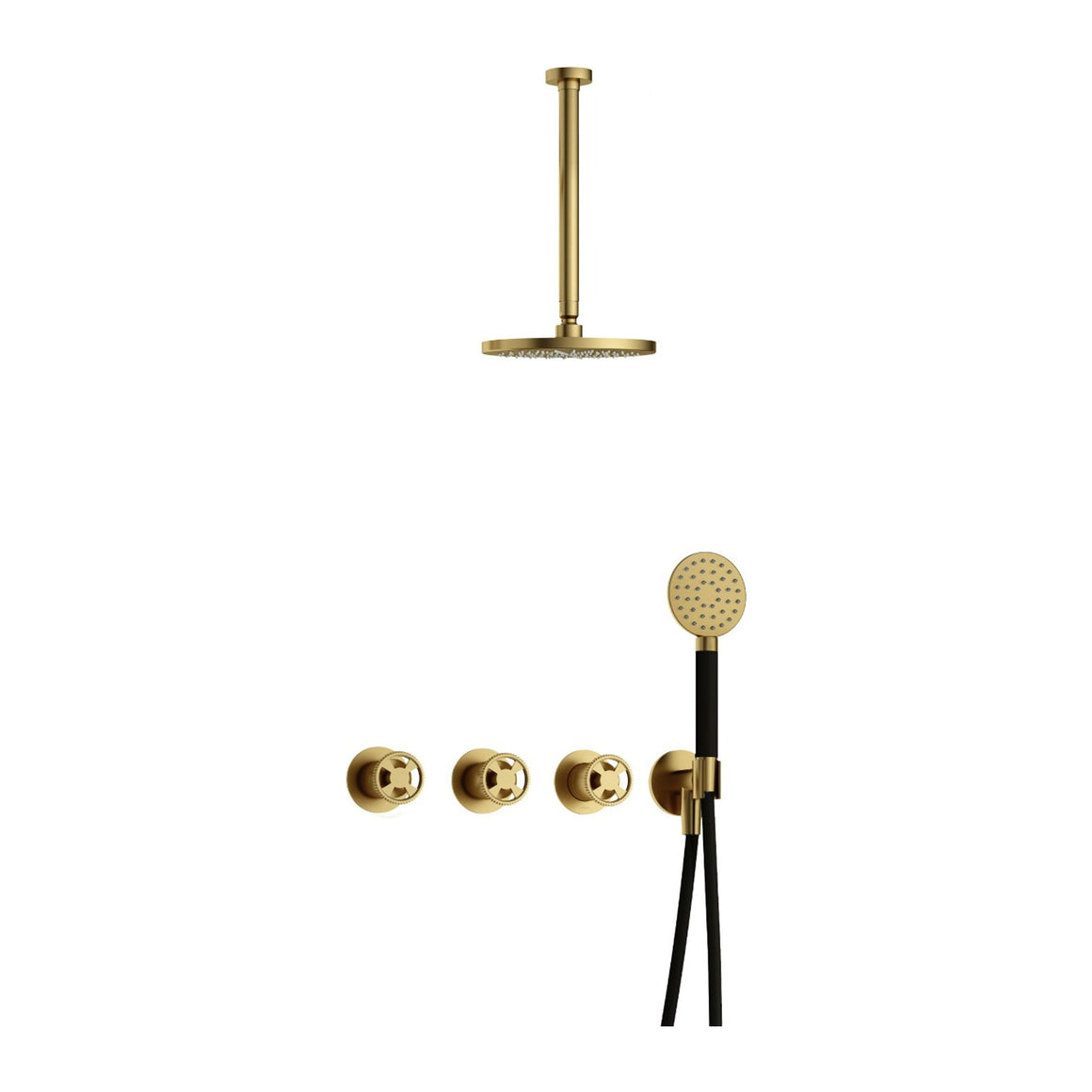 Hotbath Cobber @Work IBSW70 inbouw regendoucheset thermostatisch met 2 stopkranen Geborsteld messing PVD Ronde handdouche + plafondbuis 30 cm + hoofddouche 20 cm productfoto