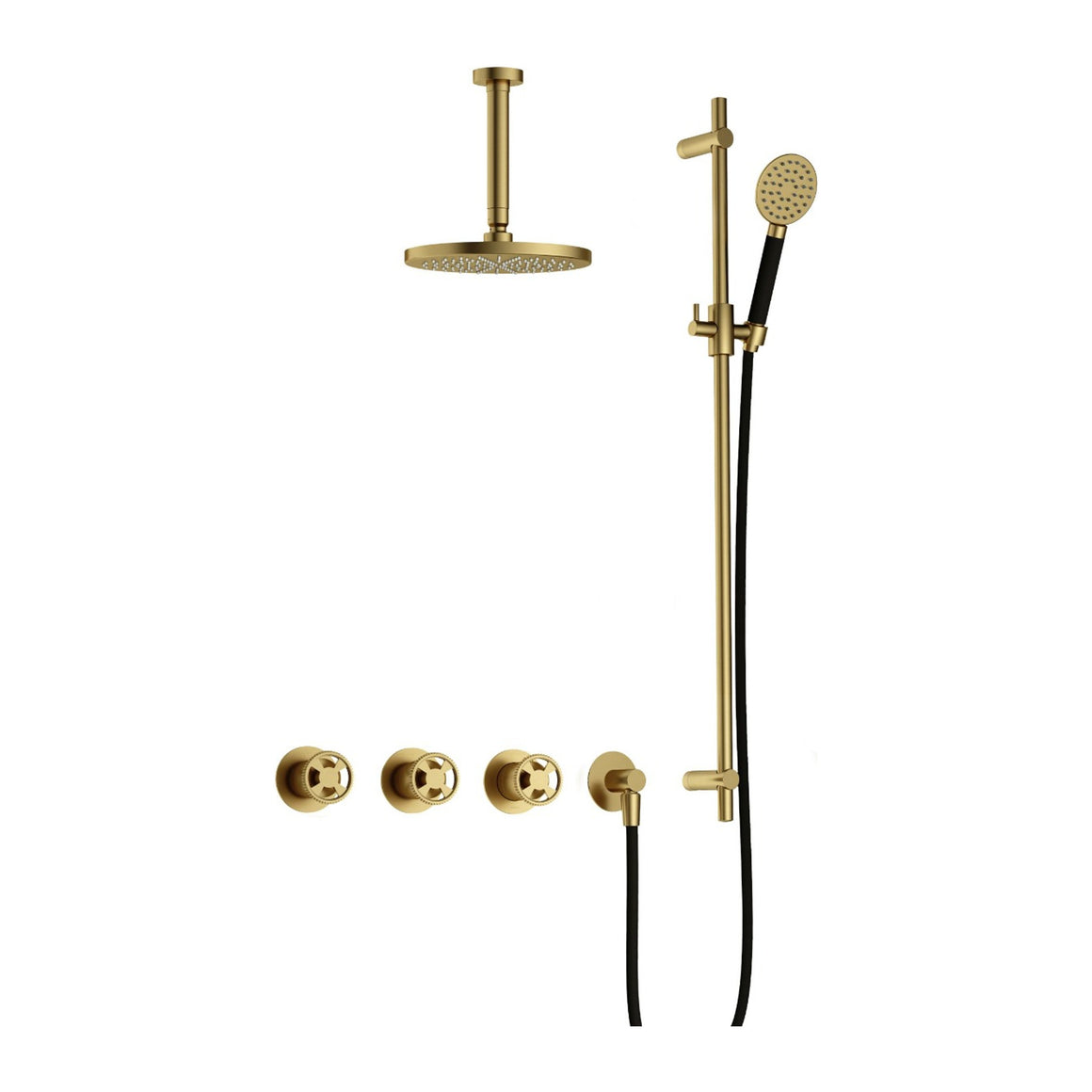 Hotbath Cobber @Work IBSW70 inbouw regendoucheset thermostatisch met 2 stopkranen Geborsteld messing PVD Ronde handdouche + plafondbuis 15 cm + hoofddouche 20 cm + glijstang productfoto