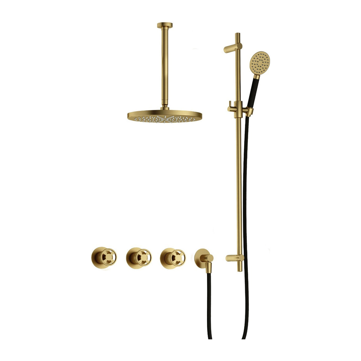 Hotbath Cobber @Work IBSW70 inbouw regendoucheset thermostatisch met 2 stopkranen Geborsteld messing PVD Ronde handdouche + plafondbuis 30 cm + hoofddouche 20 cm + glijstang productfoto
