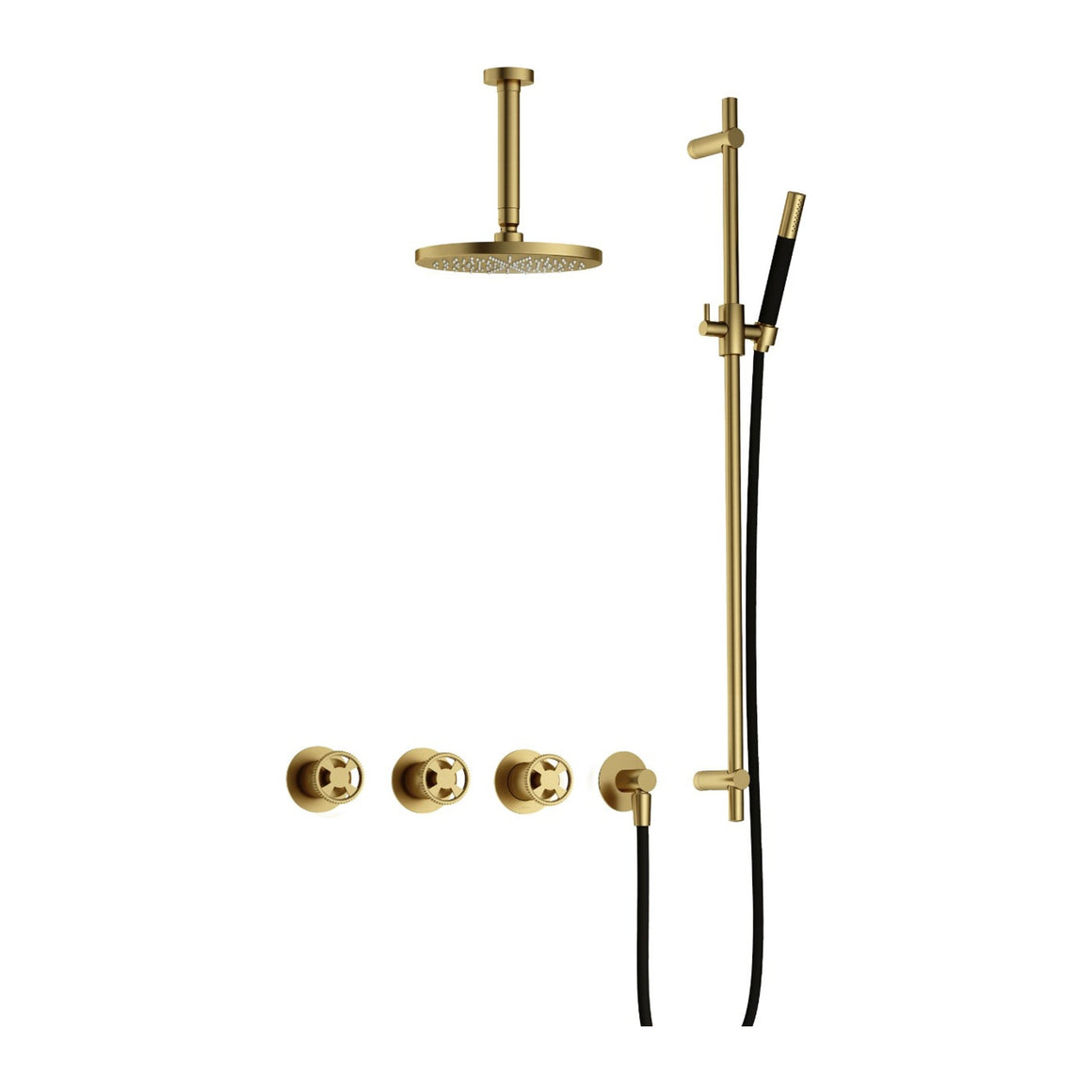 Hotbath Cobber @Work IBSW70 inbouw regendoucheset thermostatisch met 2 stopkranen Geborsteld messing PVD Staafhanddouche + plafondbuis 15 cm + hoofddouche 20 cm + glijstang productfoto