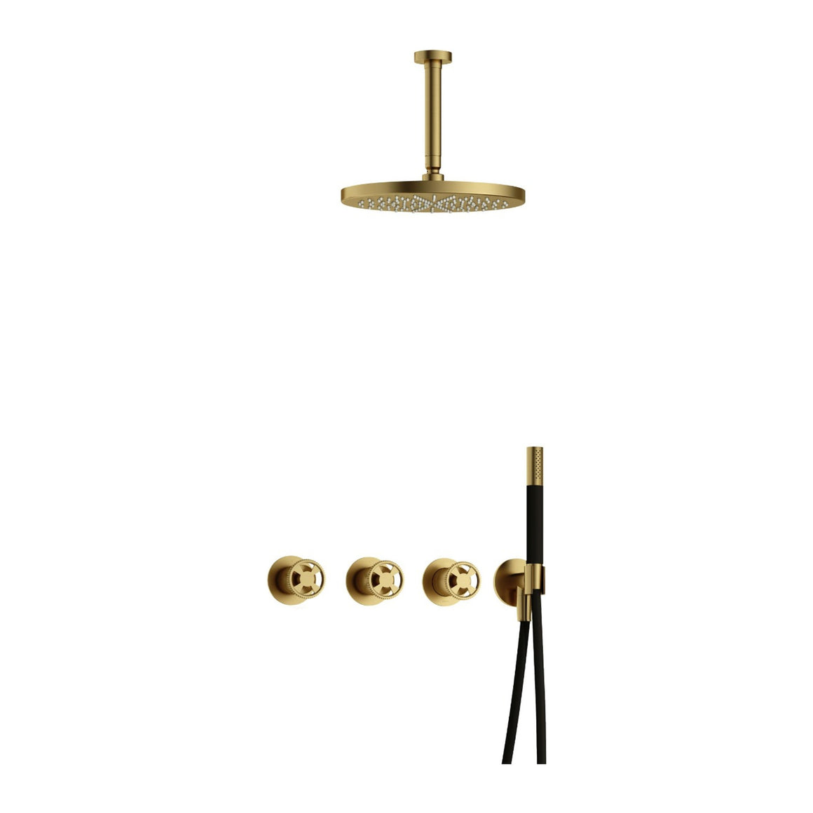 Hotbath Cobber @Work IBSW70 inbouw regendoucheset thermostatisch met 2 stopkranen Geborsteld messing PVD Staafhanddouche + plafondbuis 15 cm + hoofddouche 30 cm productfoto