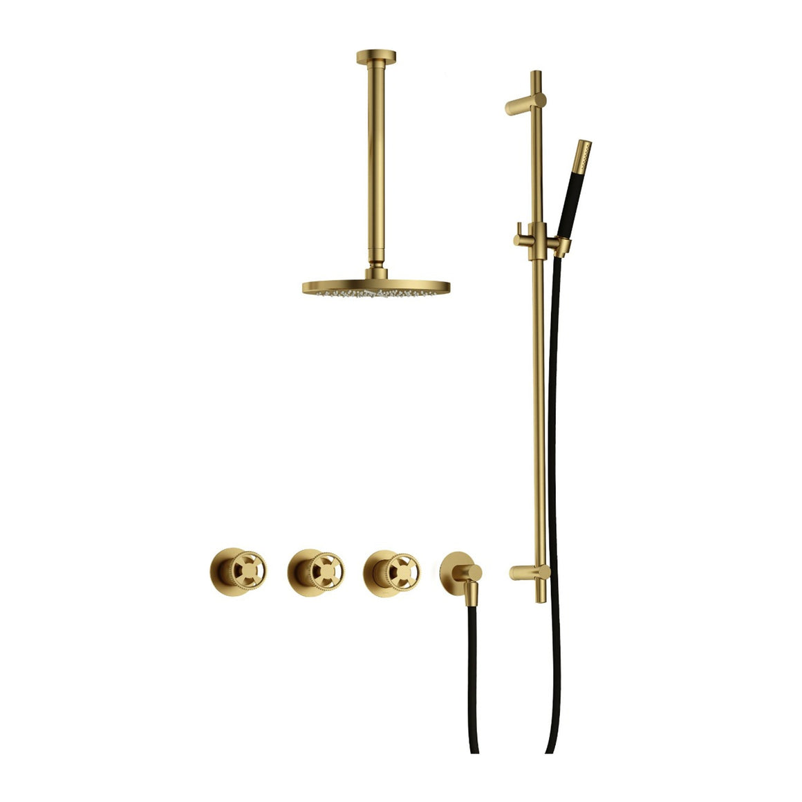 Hotbath Cobber @Work IBSW70 inbouw regendoucheset thermostatisch met 2 stopkranen Geborsteld messing PVD Staafhanddouche + plafondbuis 30 cm + hoofddouche 20 cm + glijstang productfoto