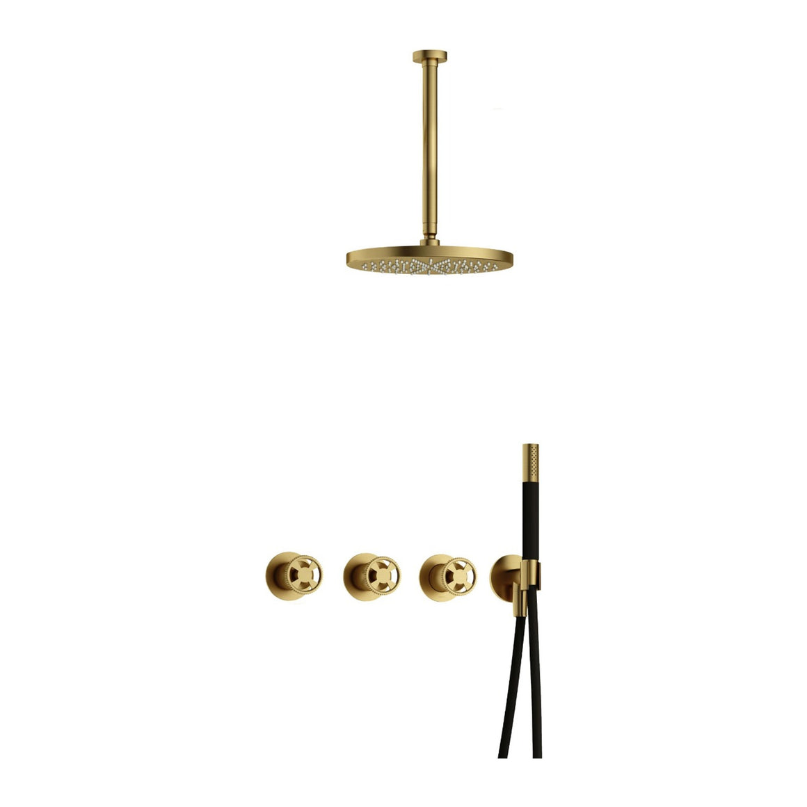 Hotbath Cobber @Work IBSW70 inbouw regendoucheset thermostatisch met 2 stopkranen Geborsteld messing PVD Staafhanddouche + plafondbuis 30 cm + hoofddouche 30 cm productfoto