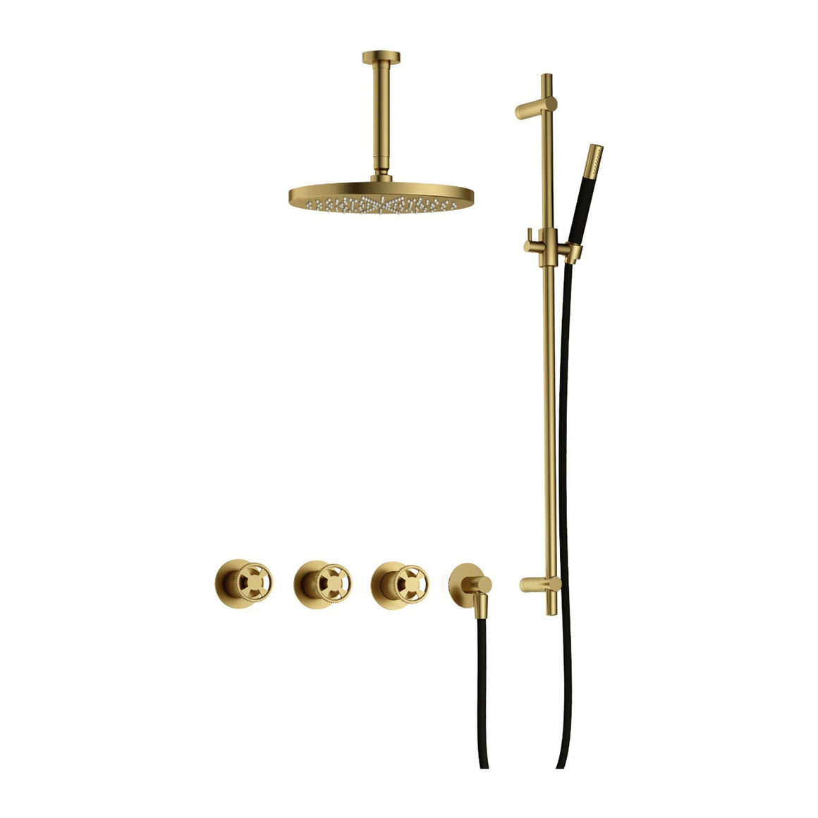 Hotbath Cobber @Work IBSW70 inbouw regendoucheset thermostatisch met 2 stopkranen Geborsteld messing PVD Staafhanddouche + plafondbuis 15 cm + hoofddouche 30 cm + glijstang productfoto