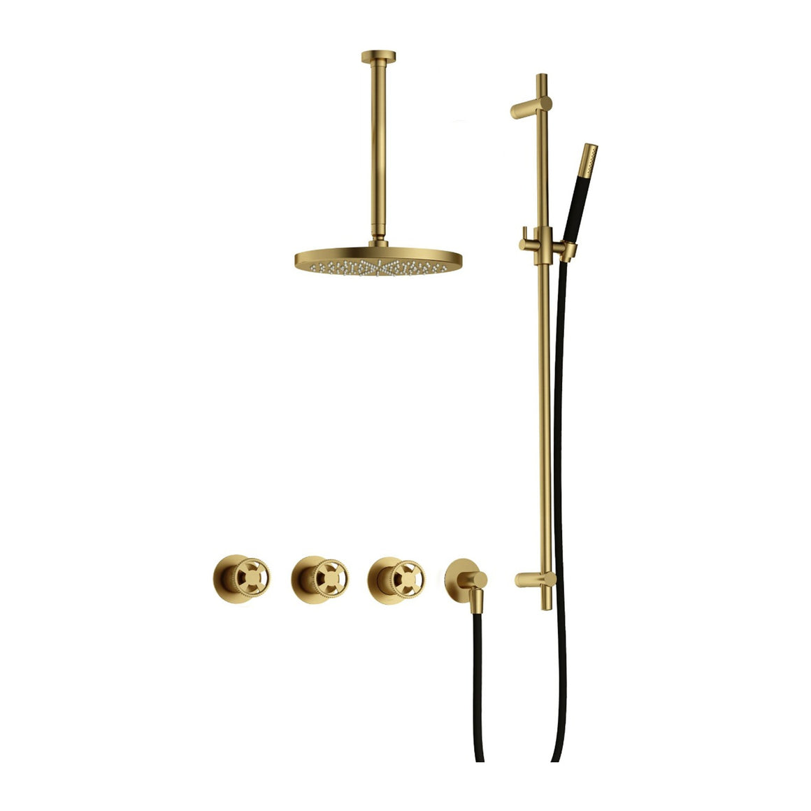 Hotbath Cobber @Work IBSW70 inbouw regendoucheset thermostatisch met 2 stopkranen Geborsteld messing PVD Staafhanddouche + plafondbuis 30 cm + hoofddouche 30 cm + glijstang productfoto