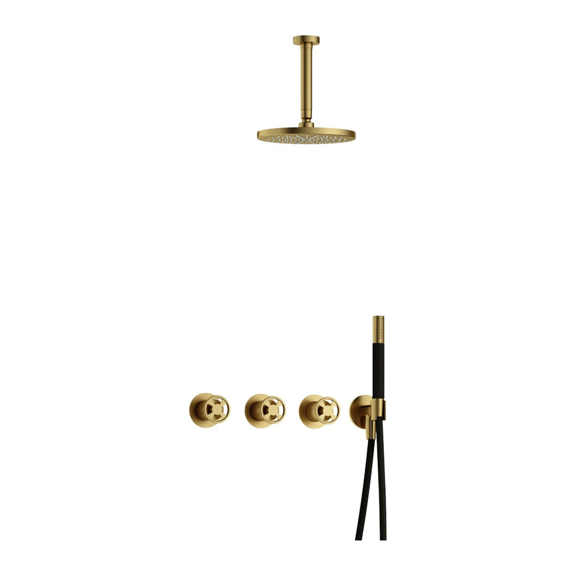 Hotbath Cobber @Work IBSW70 inbouw regendoucheset thermostatisch met 2 stopkranen Geborsteld messing PVD Staafhanddouche + plafondbuis 15 cm + hoofddouche 20 cm productfoto