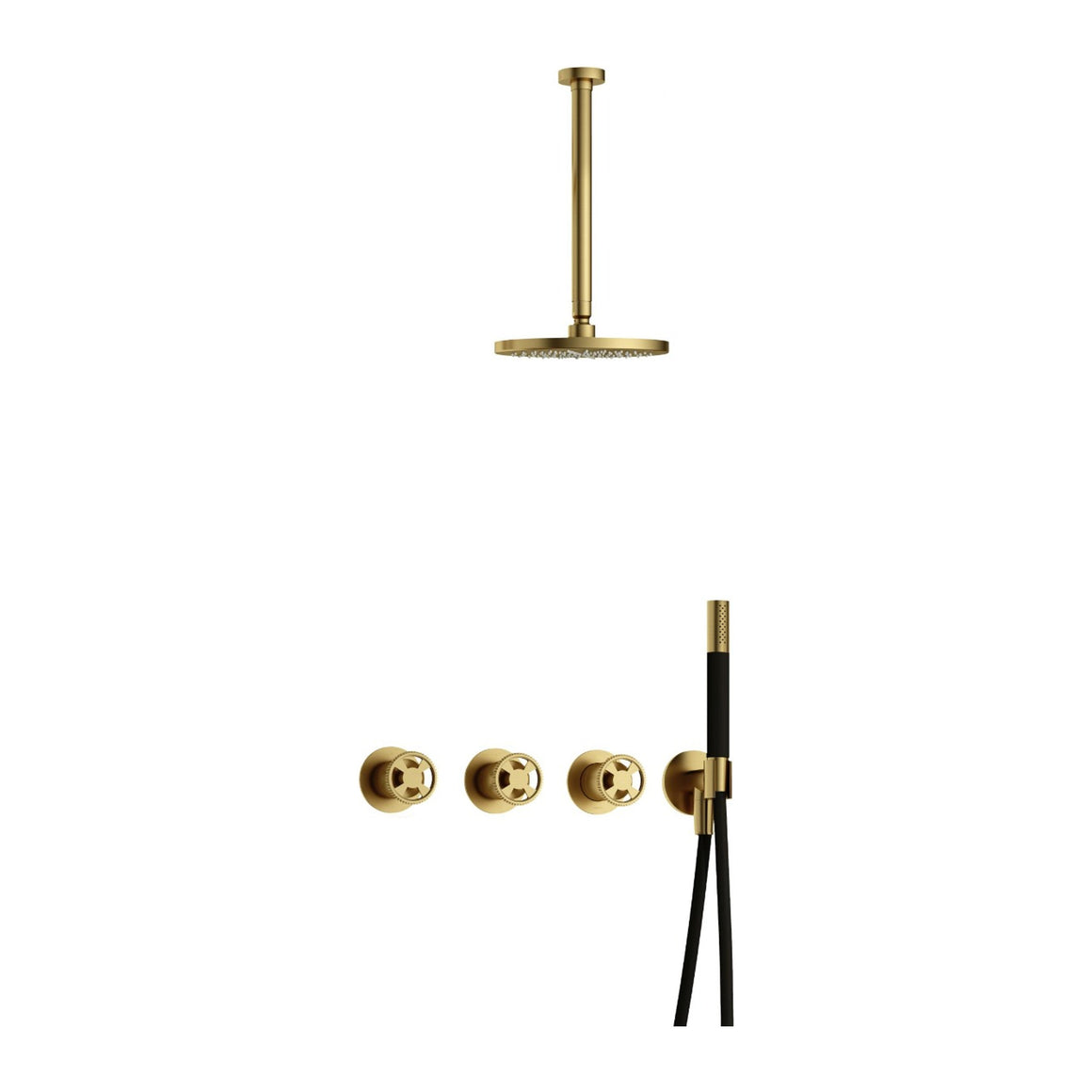 Hotbath Cobber @Work IBSW70 inbouw regendoucheset thermostatisch met 2 stopkranen Geborsteld messing PVD Staafhanddouche + plafondbuis 30 cm + hoofddouche 20 cm productfoto