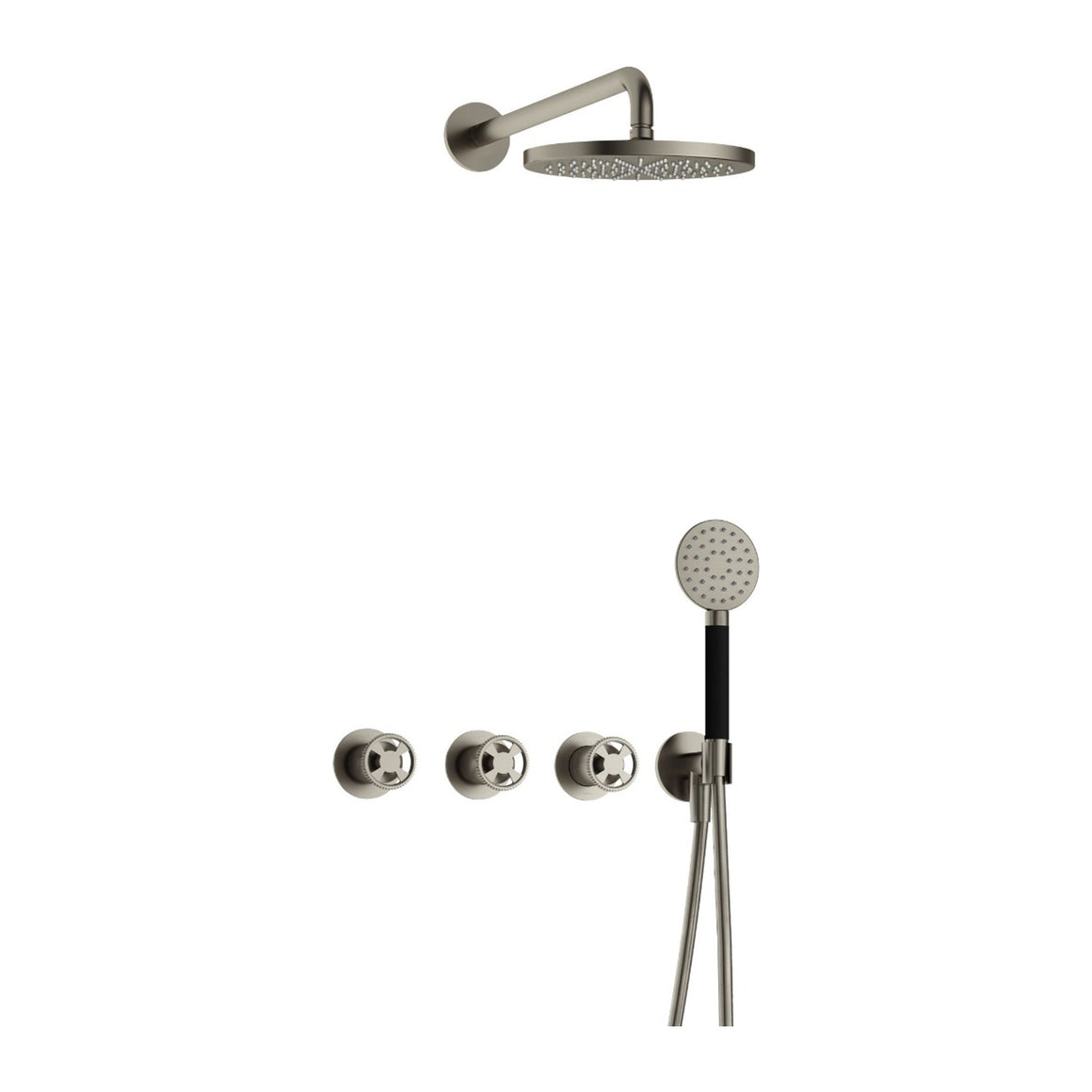 Hotbath Cobber @Work IBSW70 inbouw regendoucheset thermostatisch met 2 stopkranen Geborsteld nikkel Ronde handdouche + wandarm + hoofddouche 20 cm productfoto