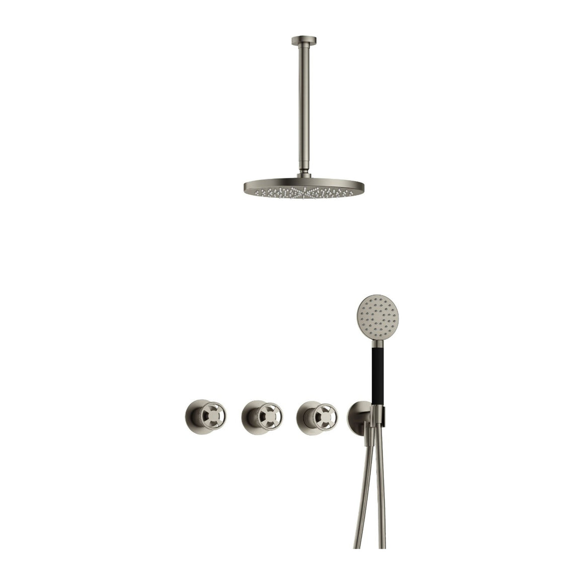 Hotbath Cobber @Work IBSW70 inbouw regendoucheset thermostatisch met 2 stopkranen Geborsteld nikkel Ronde handdouche + plafondbuis 30 cm + hoofddouche 30 cm productfoto