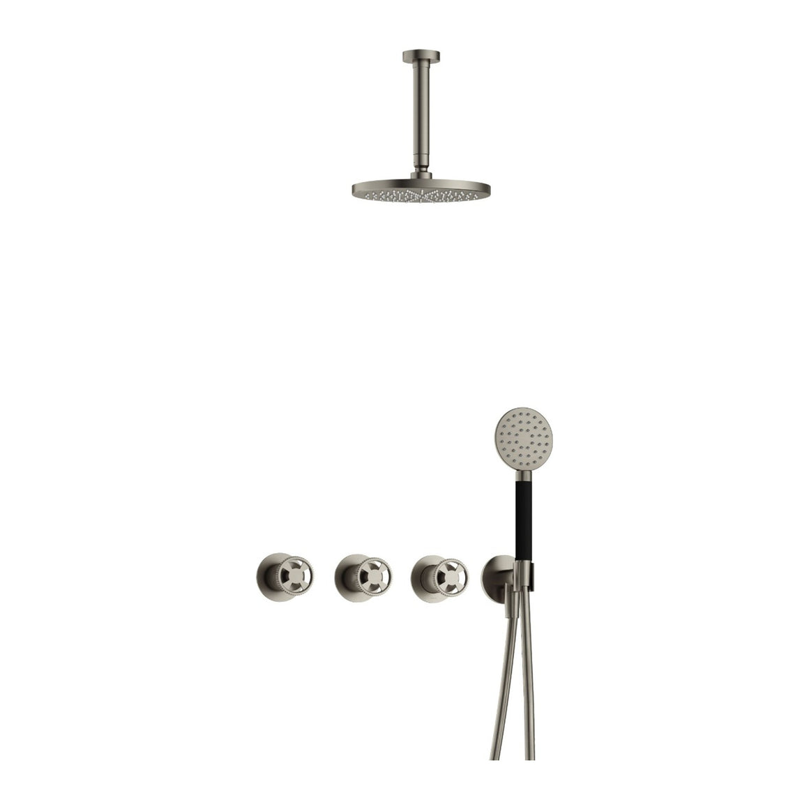 Hotbath Cobber @Work IBSW70 inbouw regendoucheset thermostatisch met 2 stopkranen Geborsteld nikkel Ronde handdouche + plafondbuis 15 cm + hoofddouche 20 cm productfoto